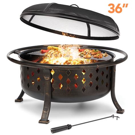 Singlyfire 36 Inch Fire Pits For Outside Wood With Cooking Grill Grate Spark Screen Log Grate