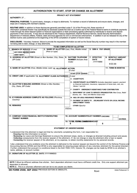 Dd Form 2558 Authorization To Start Stop Or Change An Allotment