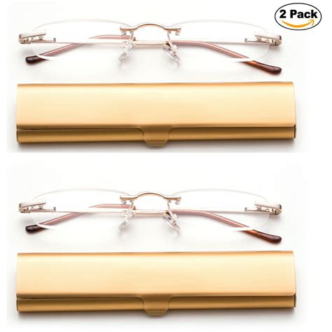 Newbee Fashion Portable Compact Reading Glasses In Aluminum Case Metal Rectangle Rimless Reading