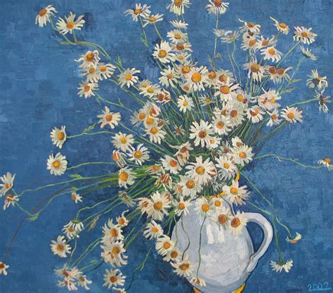 Maybe you would like to learn more about one of these? White chamomile flowers with blue background Painting by ...