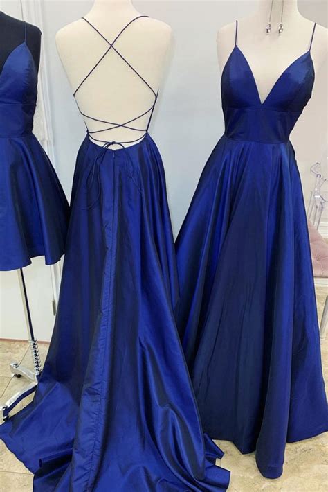 A Line V Neck Royal Blue Backless Prom Dresses Royal Blue Backless Fo