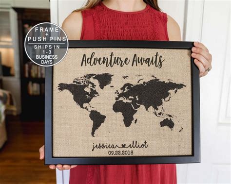 Burlap Push Pin Travel Map Adventure Awaits World Map Anniversary Ts