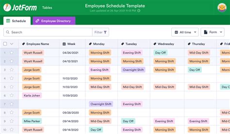 Employee Schedule Template | JotForm Tables