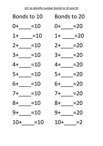 Work sheets: Number Bonds to 10, 20 and 100 | Teaching Resources
