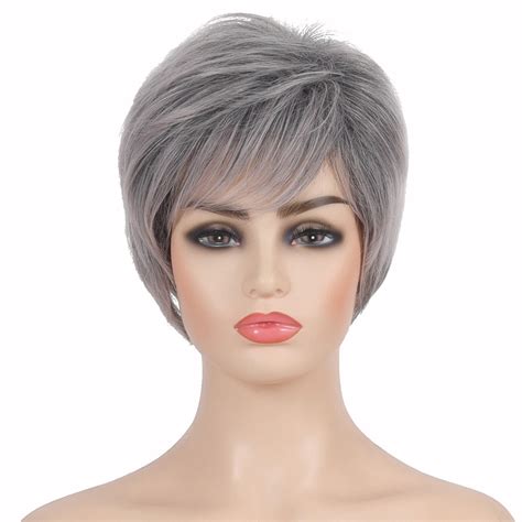 Usyfakgh Fashion Ladies Wig Silver Gray Short Straight Hair High Temperature Silk Headgear Wig