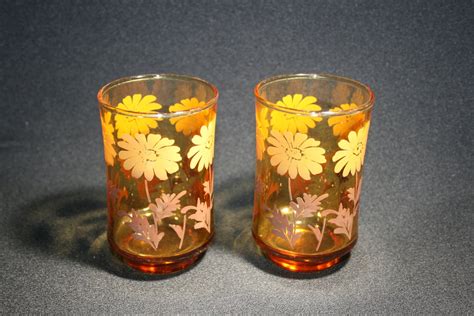 Vintage Libbey Glass Daisy Amber Orange Juice Glass Set Of 2 Breakfast Glasses Country Kitchen