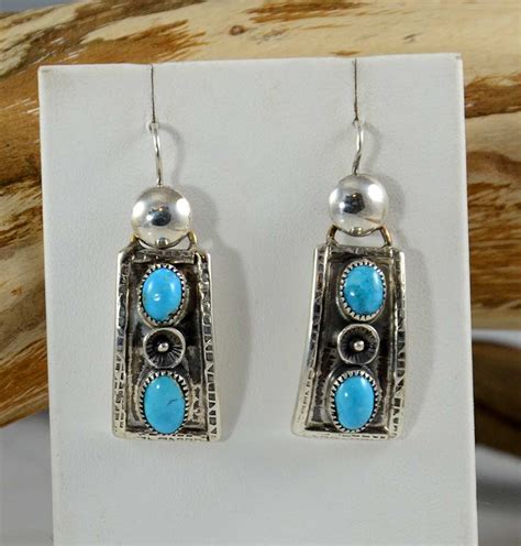 Vintage Navajo Indian Turquoise Concho Earrings Set In Sterling C60s