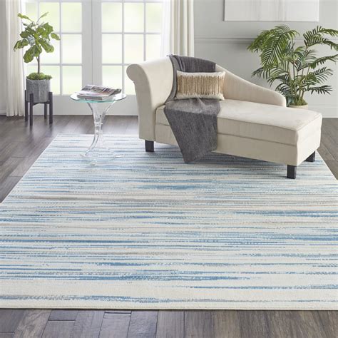 Nourison Jubilant Beach Striped Teal Blue Area Rug In