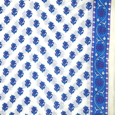 Buy White And Blue Hand Block Motif Print Pure Cotton Fabric