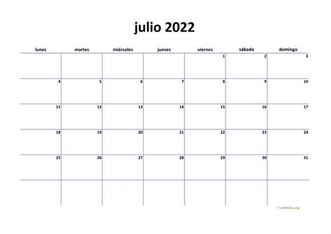 Calendario Julio 2022 Para Imprimir Gratis