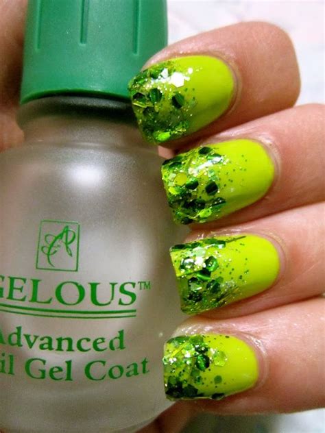 Chunky Green Glitter Gradient Over Bright Lime Green Base Green Nails