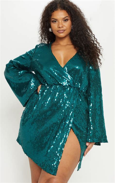 Plus Emerald Green Sequin Wrap Dress Prettylittlething Ca