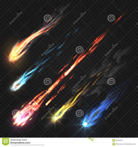 Comets And Meteorite Set Vector Realistic Meteors And Fireballs With