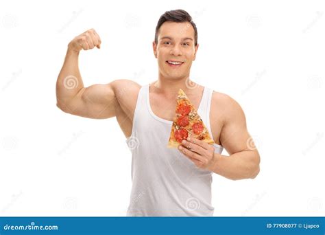 man holding a slice of pizza and flexing his bicep stock image image of nutrition happy 77908077