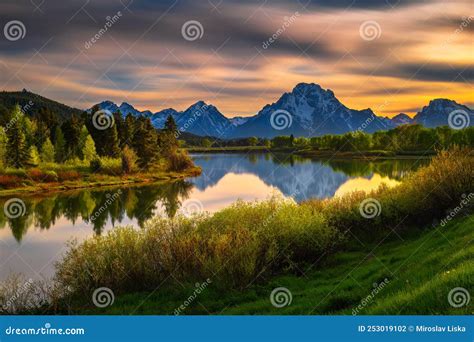 Sunset Over Oxbow Bend Of The Snake River In Grand Teton National Park