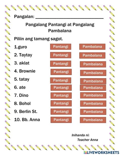 Pangalang Pambalana At Pangalang Pantangi Worksheet In 2023 Letter