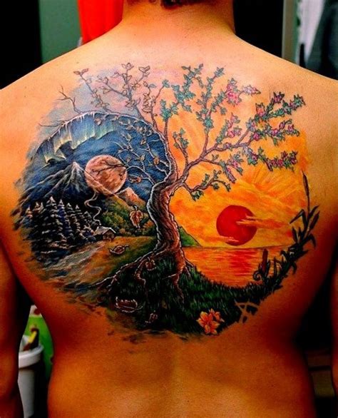 Landscape tattoo est un endroit convivial ou l'univers du tatouage est roi. Back tattoo idea. Landscape design with sun, moon, tree, ying yang. Men and women | Nature ...