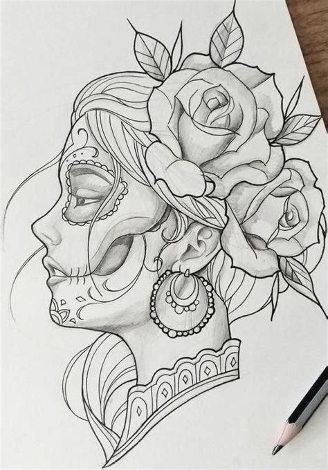 A Pencil Drawing Of A Womans Face With Roses On Her Head And An Earring