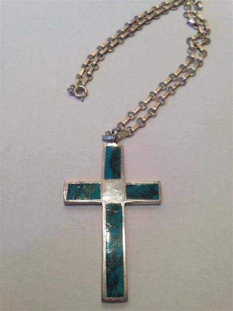 Vintage Sterling Silver And Inlaid Turquoise Cross Necklace By