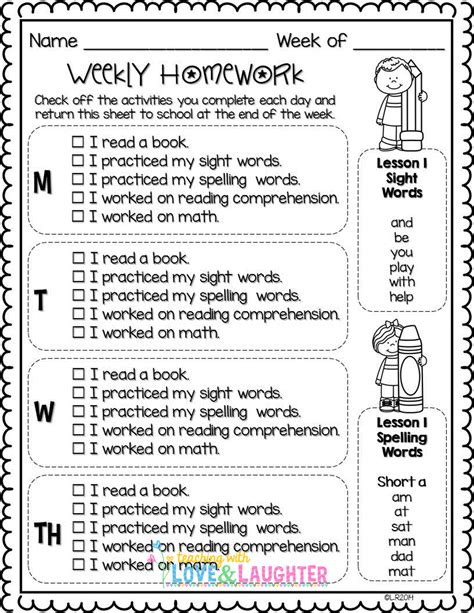 Editable Weekly Homework Checklists Compatible With First Grade