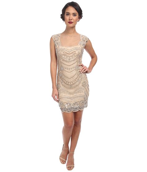 Adrianna Papell Short Beaded Dress With Illusion In Natural Lyst