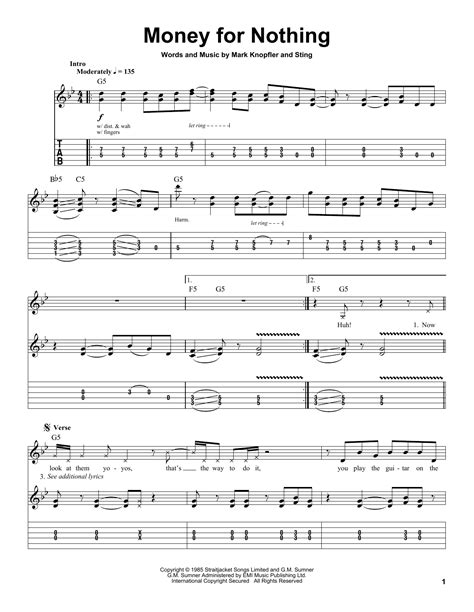 Money For Nothing By Dire Straits Guitar Tab Play Along Guitar