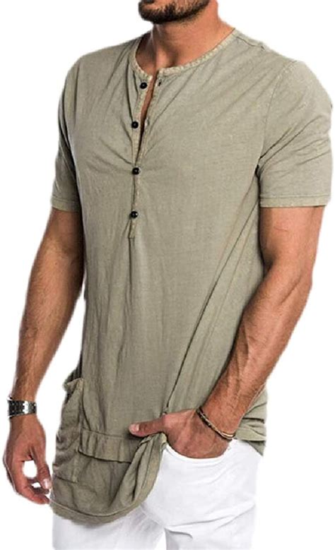 hande mens casual solid short sleeve button down henley shirt t shirts green m uk