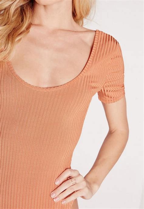 Scoop Neck Ribbed Bodysuit Nude Missguided