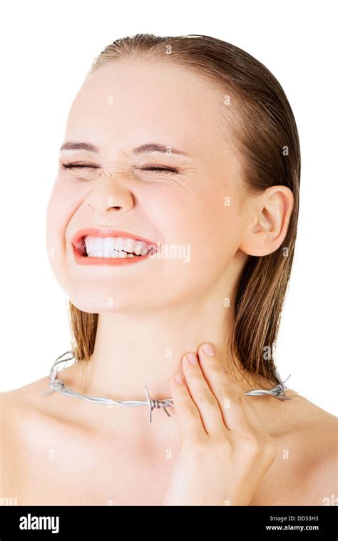 Throat Pain Concept Young Woman With Barbed Wire Around Her Throat