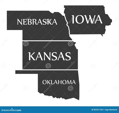 Nebraska Kansas Oklahoma Iowa Map Labelled Black Stock