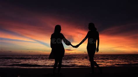 Silhouette Of Two Girls Holding Hands Together On Beach Stock Image