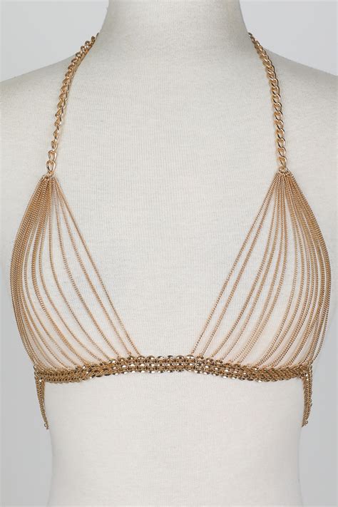 Gold Watch Out Metallic Chain Bikini Top Body Chains