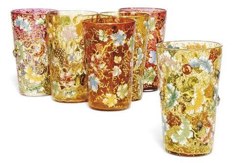 Six Moser Amber And Ruby Enamelled Glass Beakers Late 19th Century Red Enamelled And Gilt