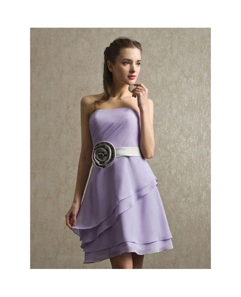 Strapless Ruffled Lavender Chiffon Short Bridesmaid Dress With Sash