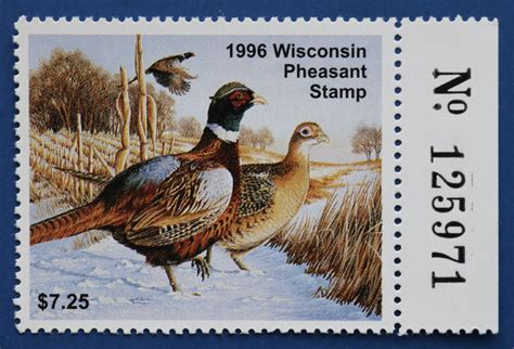 u s wip05r 1996 wisconsin pheasant stamp with right serial tab great lakes stamps and coins