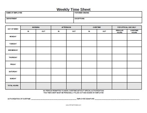 Weekly Time Sheet Free Printable