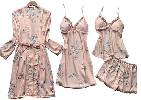 Conjunto De Pijamas De 4 Piezas Para Mujer Comodidad Seda De Hielo Estampado Floral Dulce