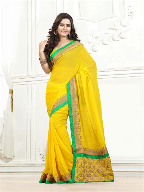 Yellow With Golden Embroidery Chiffon Partywearsaree With Green Border