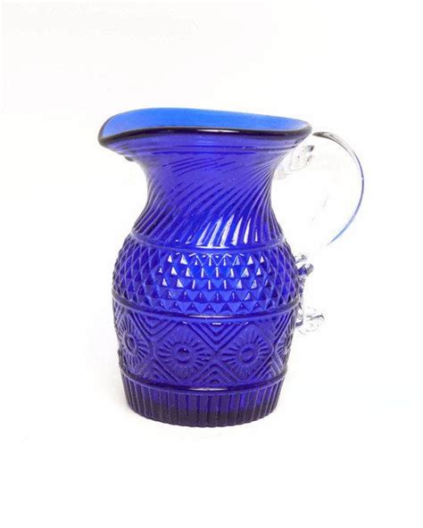 Vintage Cobalt Blue Glass Pitcher Pilgrim Glass Co Bennington Hand Blown Glass Creamer Clear