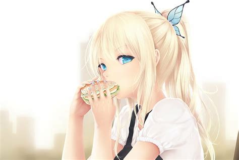 Anime Chicas Anime Rubia Ojos Azules Hamburguesas Comer Kashiwazaki Sena Fondo De