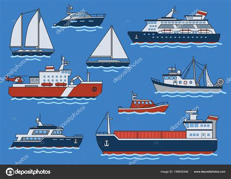 Set Of Different Type Ships And Boats Freighter Icebreaker Cruiser