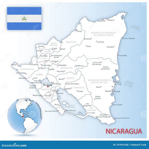 Detailed Nicaragua Administrative Map With Country Flag And Location On