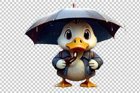 Premium Psd Cute Cartoon Duck Holding Umbrella In A Rain
