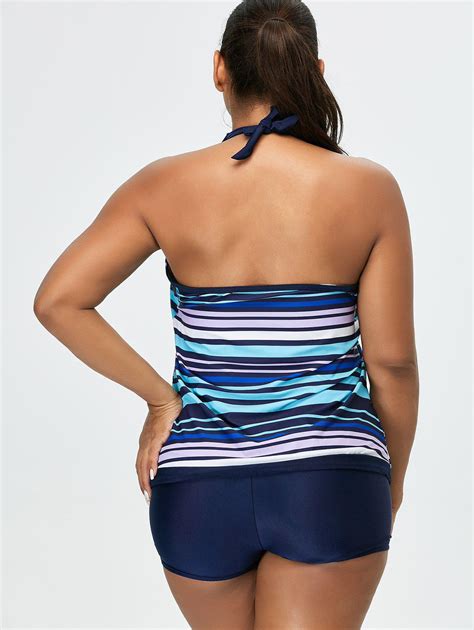 2018 Padded Striped Plus Size Halter Tankini Swimsuits Purplish Blue Xl In Tankinis Online Store