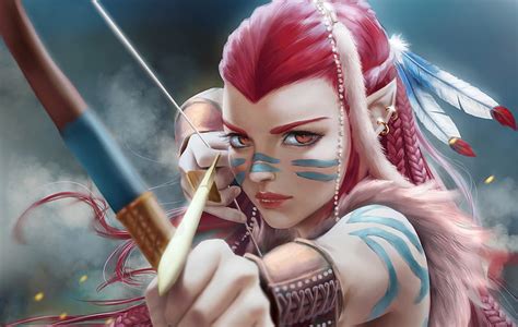 1920x1080px 1080p free download fantasy archer arrow bow girl orange eyes pink hair