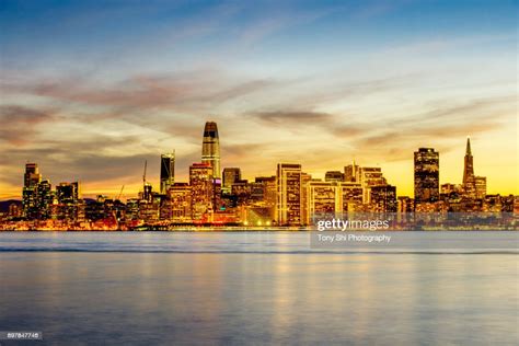 Downtown San Francisco Skyline Evening Glow High Res Stock Photo