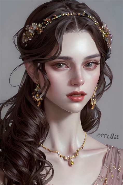 A Digital Painting Of A Woman With Long Brown Hair And Gold Jewelry On Her Head
