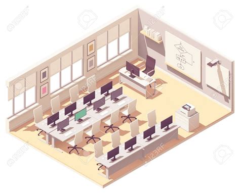 Vector isometric school computer lab or laboratory classroom interior