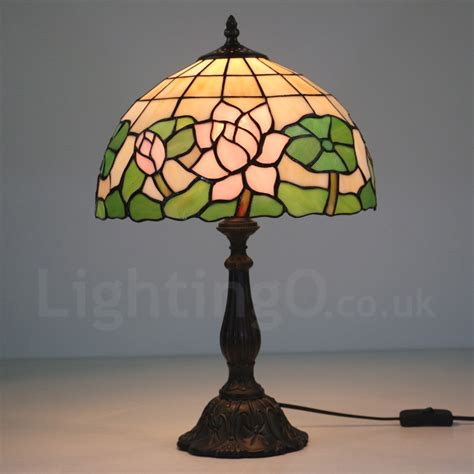 12 Inch European Retro Handmade Stained Glass Table Lamp Pink Lotus Flower Pattern Living Room