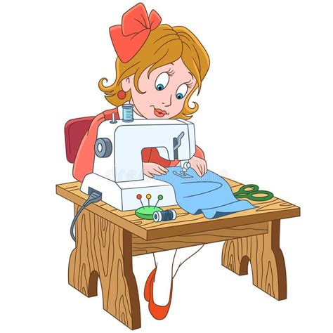 Cartoon Seamstress Working On Electric Sewing Machine Stock Vector